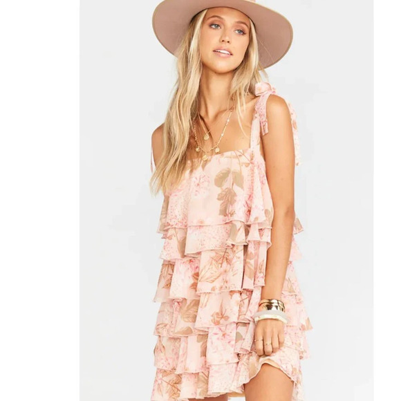 Show Me Your Mumu Rowen Blush Pink Floral Print Tie-Strap Ruffled Mini Dress - Picture 1 of 7